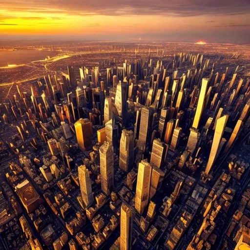 Prompt: In the not-so-distant future, the city of Lumina emerges as a testament to human innovation and technological advancement. As the sun begins to set, casting a warm golden hue across the horizon, the cityscape transforms into a mesmerizing tapestry of lights and shadows.

The towering skyscrapers, each a marvel of architectural ingenuity, seem to touch the heavens with their gleaming glass façades that catch and reflect the fading sunlight. Neon signs and holographic advertisements dance in the air, illuminating the bustling streets below. Hovering vehicles zip through the air lanes, leaving trails of softly glowing streaks that add a dynamic energy to the scene.

Beneath the towering structures, verdant urban gardens provide a tranquil contrast, a space where nature intertwines harmoniously with technology. Cascading waterfalls and bioluminescent plants create a soothing ambiance, while robotic caretakers tend to the delicate balance between nature and machinery.