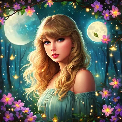 Prompt: a young woman who looks like Taylor Swift, Disney style, moon, forest, flowers, nighttime, galaxy, soft light, art, painting, sweet, fireflies