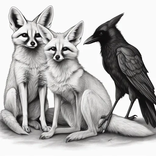 Prompt: fennec fox, raccoon and crow all sat together 