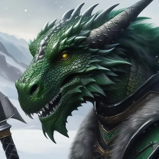 Prompt: A face shot of a beautiful green and black Dragonborn with no hair holding a black and green sword, in a snowy tundra, perfect composition, hyperrealistic, super detailed, 8k, high quality, trending art, trending on artstation, sharp focus, studio photo, intricate details, highly detailed, by Greg Rutkowski, illustration, watercolor