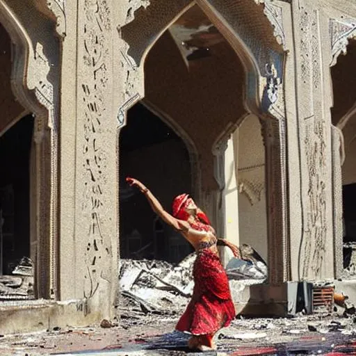 Prompt: Persian woman dancing in front of a burning wrecked mosque 