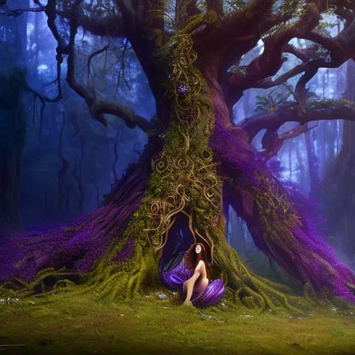 Prompt: Vines growing from a Druids heart through her body into a dead tree brining it back to life, a masterpiece, dark fantasy concept art, dynamic lighting, hyperdetailed, intricately detailed, Splash screen art, deep color, Unreal Engine, volumetric lighting, Alphonse Mucha, Jordan Grimmer, purple and yellow complementary colours