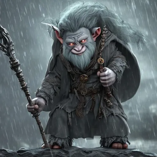 Prompt: a big  grey troll with a cloak with metal pecies  and hood  sitting on and in his hand a big staff  maountain in theee distinacnce with a cartoon style while a storm and raining and thunder