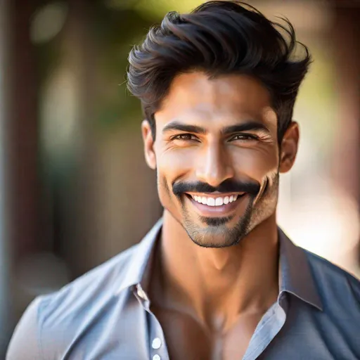 Prompt: Professional photoshoot of a pretty, muscular, handsome half-Indian half-White man with a thin mustache and stubble, youthful face, wearing a tight, button-down shirt, smiling, {defined shredded musculature, broad shoulders}, {sultry}, center frame, natural light, intricate detail, best quality