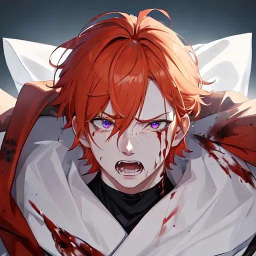 Prompt: Erikku male adult (short ginger hair, freckles, right eye blue left eye purple) UHD, 8K, Highly detailed, insane detail, best quality, high quality, covered in blood, covering his face with his hand, wide eyes, insane, fear, threatening, laughing, angry, fighting, psychopathic, anime style