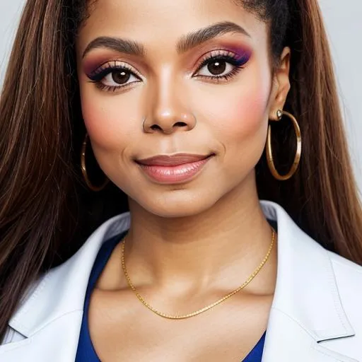 Prompt: Please create a professionally taken photograph (full_body:1.2),best quality, (8k, RAW photo, best quality, masterpiece:1.2), (realistic, photo-realistic:1.4), ultra-detailed, perfect detail, looking at the viewer, makeup, pretty girl looks like janet jackson, mixed race lady wearing a 2-piece white bathing suit, wet skin, light reflections, angelic cute face, full body shot, long blonde hair, blue eyes
