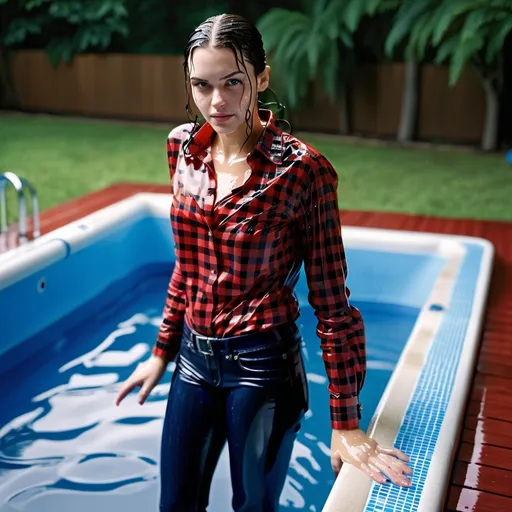 Prompt: young woman, brunette, in soaking wet clothes, stepping out of pool, wet long sleeve buttoned red-black checkered shirt, soaking wet tight long blue jeans, wet face, wet hair, enjoying, professional, high-quality details, full body view