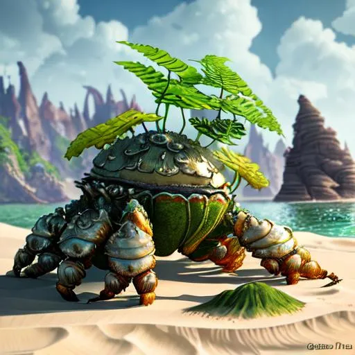 Prompt:  Metal shell crab character ,Zahara, clouse-up,
 hyperrealistic, photorealistic, ultra-detailed, intricate details, unreal engine, octane render, bioma of sand, cavern in the sand   and amazing landscape ,rocks and gigant green fern, 4k. A vine covered tutor in the style of alexander jansson and gediminas pranckevicius mystical, magical, bloosom, volumetric lighting.