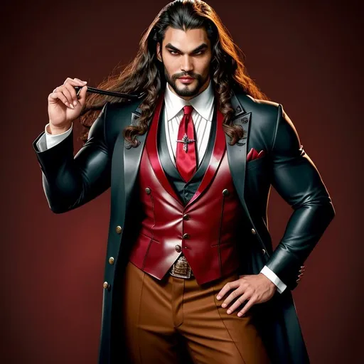 Prompt: Male Brujah vampire, Clan Brujah, vampire the masquerade, he looks like Jason Momoa, solo portrait, 1950s sitcom husband, bloodthirsty grin like Alucard from Hellsing, wearing a 1950's business suit, detailed symmetrical face, hetero-chromatic eyes red and brown, detailed eyes, detailed symmetrical face, full body portrait, well lit by street lights,  he is looking down at the viewer, real skin textures, detailed, big eyes, night time style background