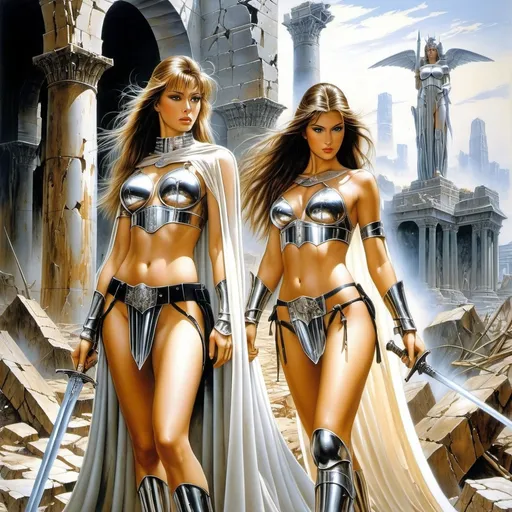 Prompt: Hajime Sorayama, Luis Royo, Surrealism.  two are very beautiful  
 Amazons with long brown hair and perfect bodies in light transparent capes. with shields and sabers in hands. against the backdrop of a destroyed ancient city.