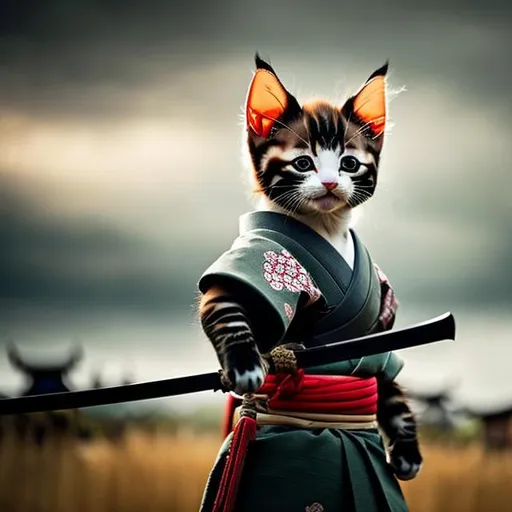 Prompt: A samurai kitten, carrying sword, wearing kimono, Somber look, walking through battlefield, dark lighting, 