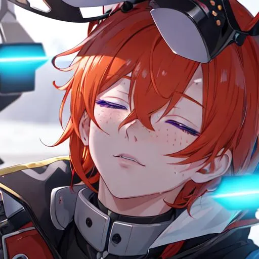 Prompt: Erikku male adult (short ginger hair, freckles, right eye blue left eye purple) UHD, 8K, Highly detailed, insane detail, best quality, high quality,  anime style, passed out, closed eyes
