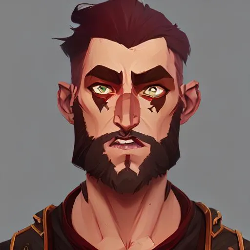 Prompt: a male tiefling barbarian with red skin and brown hair and brown beard, d&d character portrait