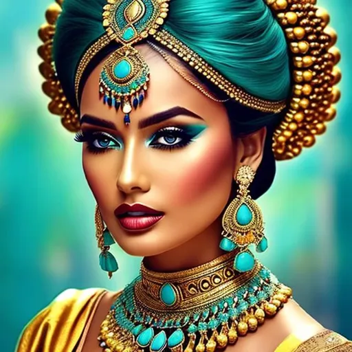 Prompt: An extremely gorgeous woman,  with top knots full of turquoise jewels, in color scheme of turquoise and gold