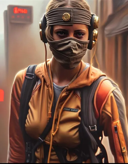 Prompt: Woman in the reference photo. 
Oil painting, high detailed, fog, unreal engine. Light glow. Cinematic color. Ski mask is dark grey made of synergetic cord. Background is a gold vault. 