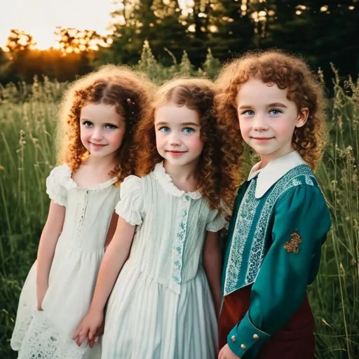 Prompt: Brown hair men with blue eyes, pale skin,and little girl, red curly hair,18th century cottagecore aesthetic