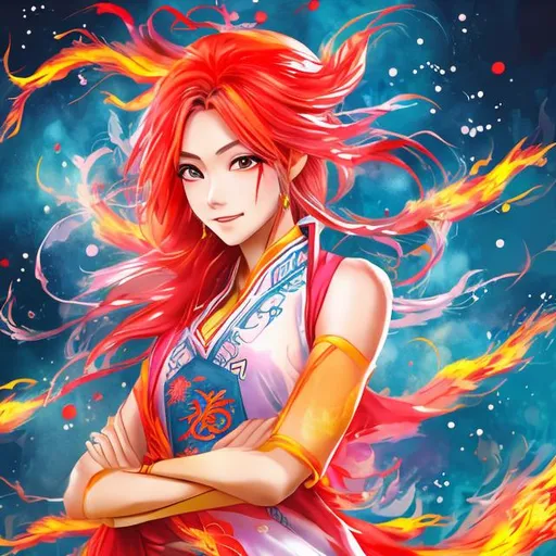 Prompt: single female anime character just above the shoulder with flaming hair with a chinese dragon in the background in chinese water paints