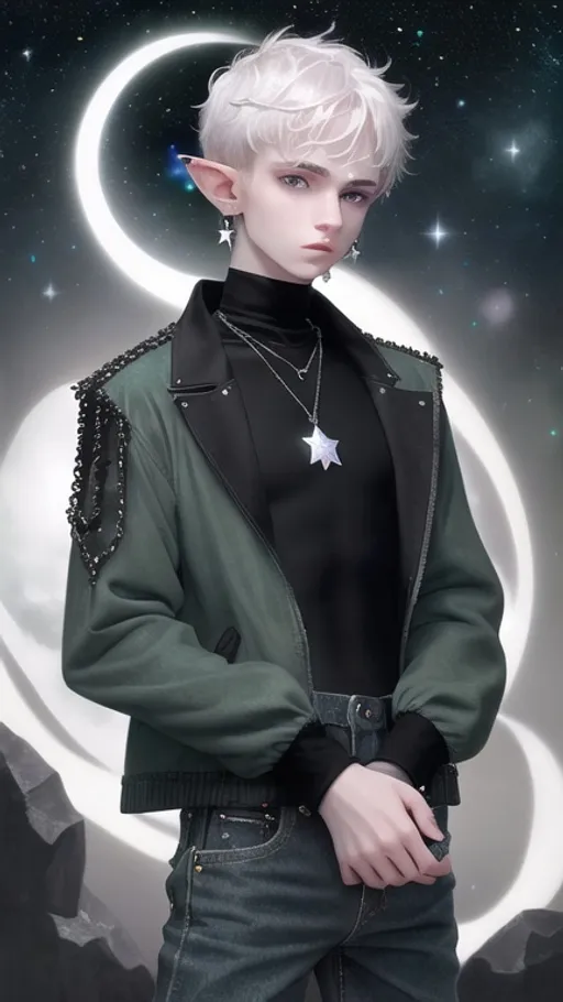 Prompt: A 19 year old boy with elf ears, pale skin, fluffy short white hair, dark blue eyes, star and moon earrings, spandex black turtleneck, dark green denim jacket, necklace with white crystal attached, wearing black baggy jeans.