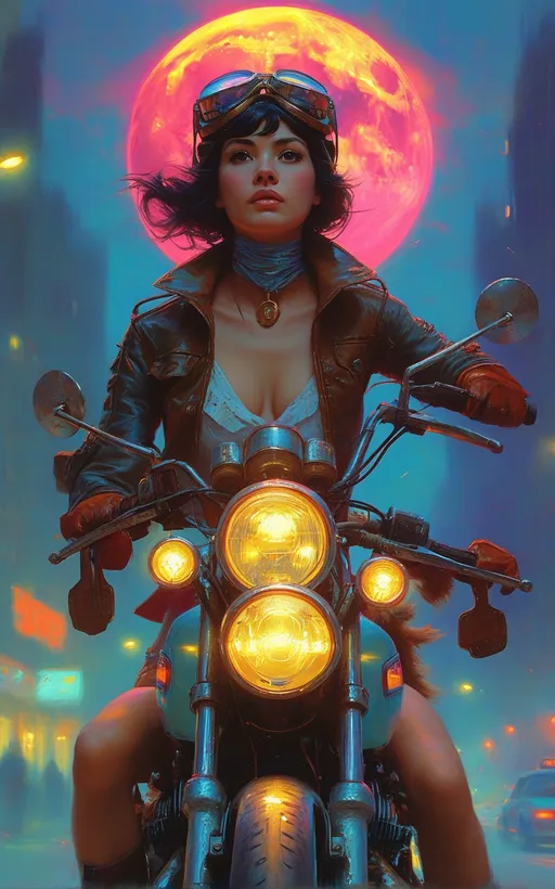 Prompt: Woman riding a motorcycle, a spirited dog seated confidently on the back, glowing full moon illuminating the scene, retrofuturism, dieselpunk, cyberpunk art style, dynamic composition, vibrant neon colors, gritty urban backdrop, high detail textures, atmospheric ambiance filled with adventure and freedom, ultra-detailed, thrilling action, captivating focus on the characters against a night sky.