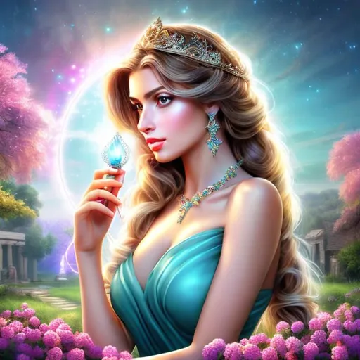 Prompt: HD 4k 3D 8k professional modeling photo hyper realistic beautiful young woman ethereal greek goddess of peace
teal hair hazel eyes gorgeous face tan skin beautiful shiny dress tiara jewelry holding sceptre and torch full body surrounded by magical glowing peaceful light hd landscape background bubbles doves and lambs