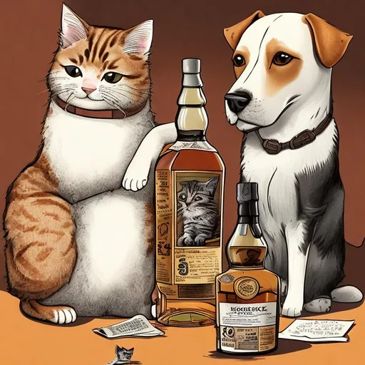 Prompt: A cat and dog with a whisky