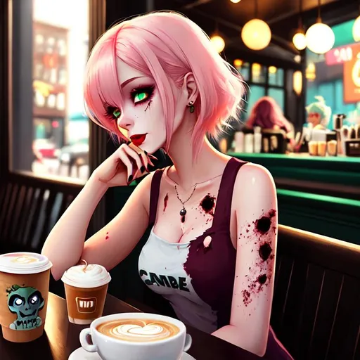 Prompt: Cute Pixar style painting of a beautiful zombie woman, pale, pink hair, light green skin, sitting at a cafe, torn clothes, apocalypse, coffee, latte, dirty, trash, muted color pallette