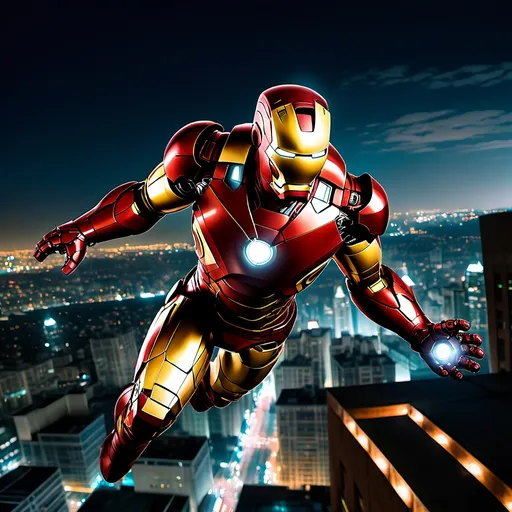 Prompt: Iron Man flying over a cityscape at night.