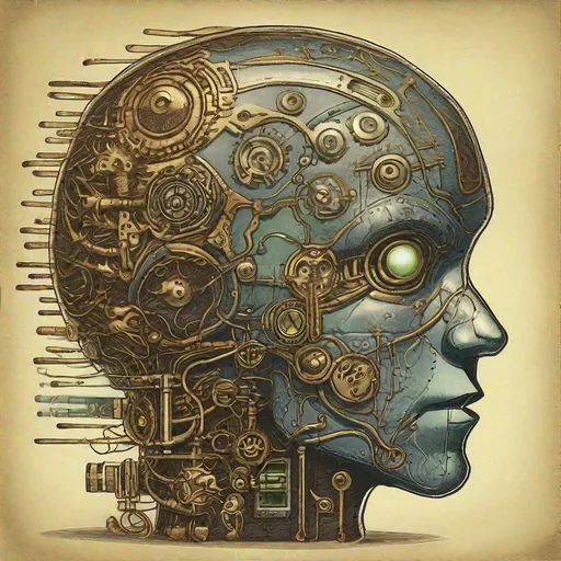 Prompt: "Breakaway view of a human head. The brain as a steampunk computer with a small alien working the buttons"