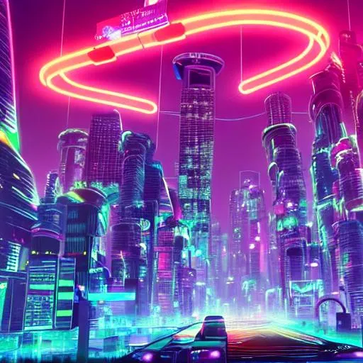 Prompt: A cyberpunk styled megacity with glowing neon billboards and flying cars 