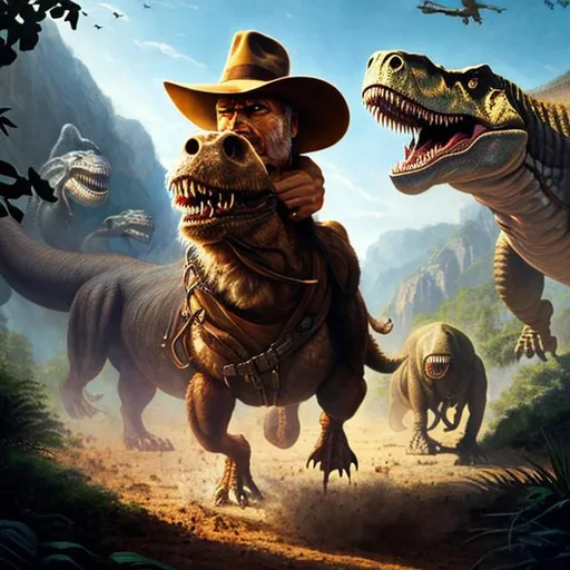 Prompt: ultra realistic illustration, Harrison Ford Indiana Jones being chased by a T-Rex, intricate, highly accurate Harrison Ford face, elegant, highly detailed, digital painting, artstation, concept art, smooth, sharp focus, illustration, art by artgerm and greg rutkowski and drew struzan