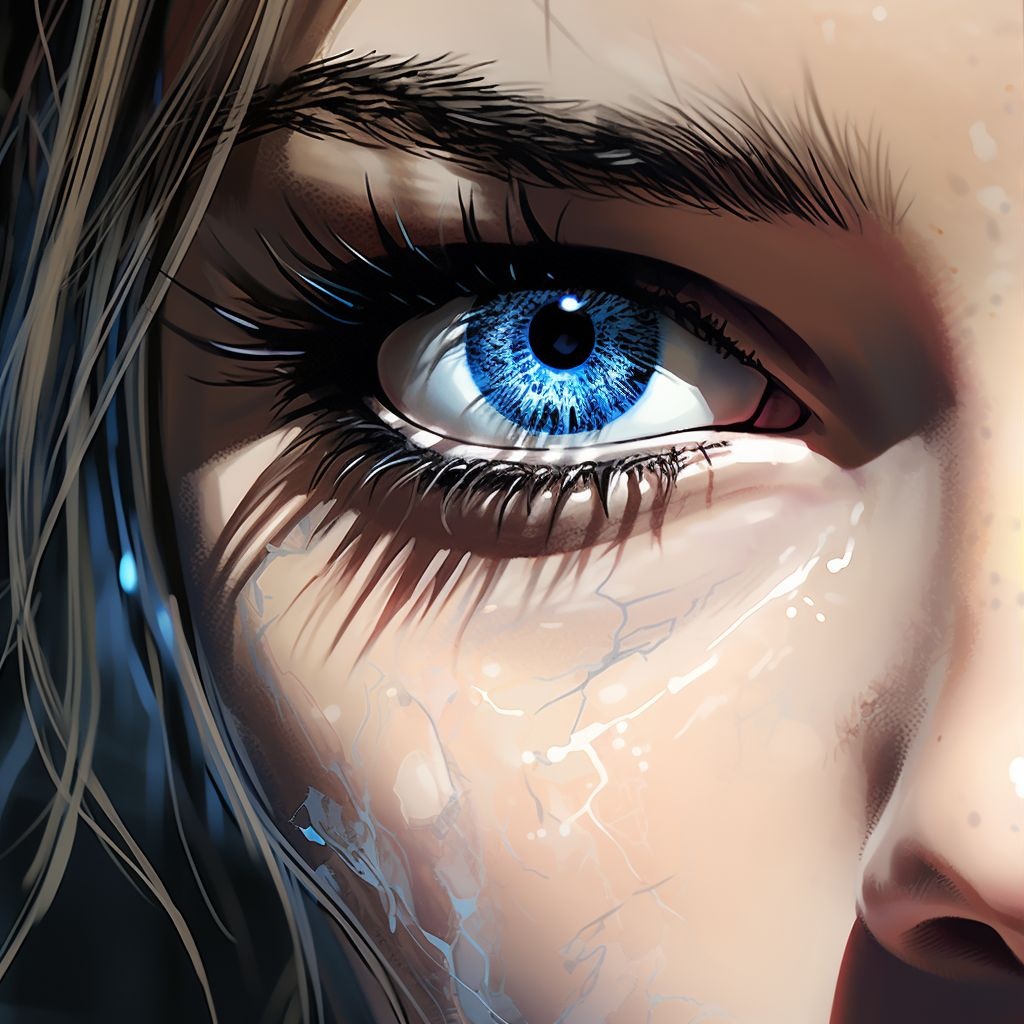 Prompt: blue eyes by oovrthru, in the style of futuristic art, chrome-plated, digitally enhanced, detailed character expressions, light gray and bronze, ultra hd, idealized beauty