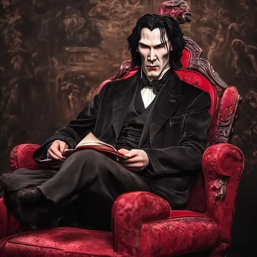 Prompt: Dracula that looks like young Keanu Reeves but more Asian is sitting in an antique red armchair with a pipe in his hand, reading a novel. He is wearing a dark aristocratic suit with a red bow. His face is thoughtful yet menacing.