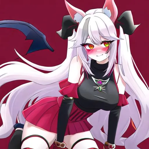 Prompt: Haley  (multi-color hair) (multi color eyes) (she has demon horns) (she has horse ears) (demon horns sit on the side of her horse ears) (red markings all over her body), casual attire, anime style, succubus, blushing