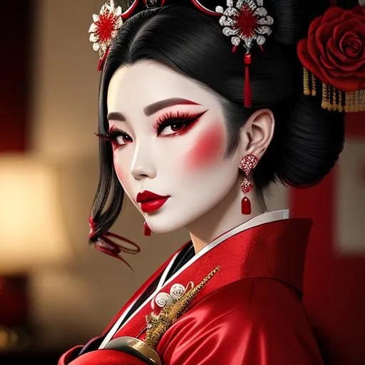 Prompt: Ruby lady-a geisha all in red, full face, elegant, facial closeup