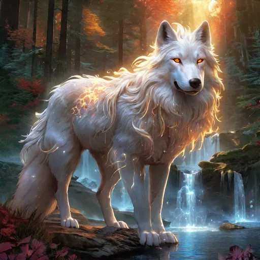 Prompt: Insanely beautiful (canine quadruped) that is glowing, thick brilliant pearl-white mane, on two legs, translucent, luminescent, illusion, glistening fiery mane, glows like the sun, flaming red eyes, majestic wolf face, energetic fox, in a magical forest near a lake, sunrise, beneath the stars, crystal lake, corona, glowing outline, waterfall, bioluminescent, highres, best quality, concept art, epic digital art, intricately detailed, cinematic, 8k eyes, highly detailed eyes, highly detailed, 64k, vibrant, UHD, professional, intricately detailed background