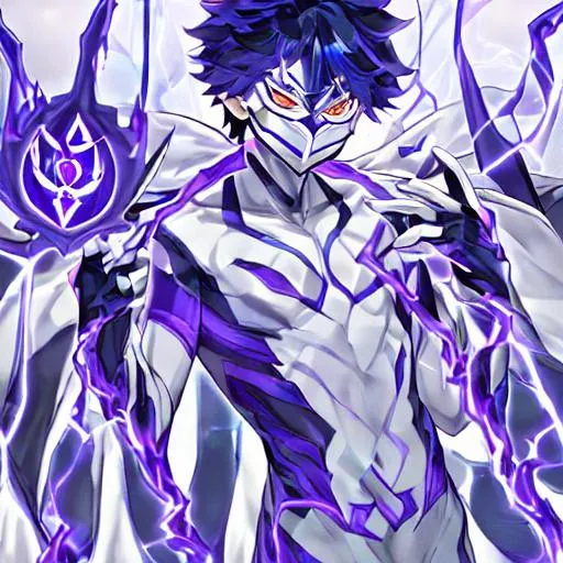 Prompt: Boy with mask well defined hands white flash suit and infinity symbol on his chest with a thunder bolt sign through it and purple and blue speedforce defined fingers