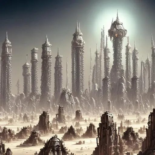 Prompt: desert, warhammer 40k hive city, beautiful city, white and gold, tall, huge, hive city, capitol