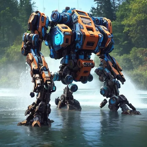 Prompt: earth mech fighting a water mech