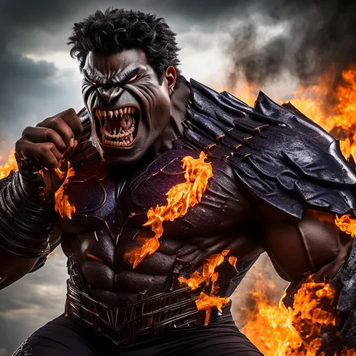 Prompt: High-resolution hyperrealistic photo of {shadow-king} amahl-farouk merged with bruce-banner [incredible-hulk], inky purple-black skin, {burning-orange eyes}, vicious grin, filed teeth, deep-shadows, possession, photorealistic, highly detailed, uhd, hdr, 64k