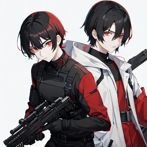 Prompt: 1male (pale) (medium black hair) (red eyes) he's holding a gun, nuclear fallout