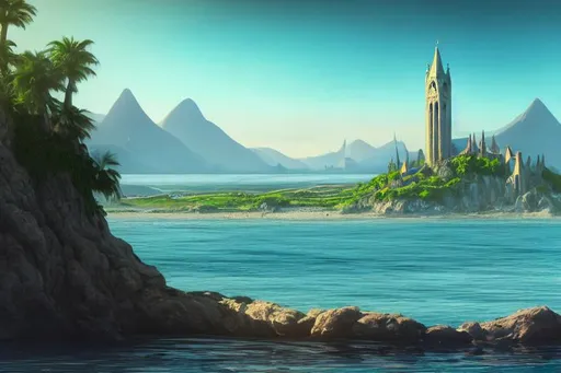 Prompt: Produce an Image looking into a crescent shaped bay from the water.  Along the shore an city built in elvish architecture.  In the distance mountains surround the city.  In the middle of the bay is a single island with a large tower.
cinematic composition, hyper realistic, highly detailed, concept art, dynamic range, depth of field
