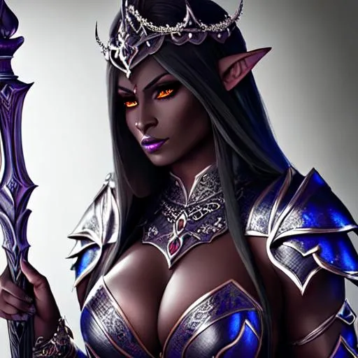 Prompt: Woman, dark elf, drow, stunning, gorgeous, thick, muscular, strong, fit, queen, dark, paladin, wearing a dark armor, holding a dark sword in hand, fantasy, UHD, 8k, high quality, ultra quality, perfect composition, trending art, trending on artstation, sharp focus, studio photo, intricate details, cinematic lighting, special effects, hyper realism, hyper realistic, Very detailed, high detailed face, high detailed eyes, oil painting, full body, portrait