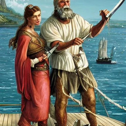 Prompt: an older bearded warrior holding a sword with his beautiful skinny Queen holding the tiller of a sailing yacht. Fantasy