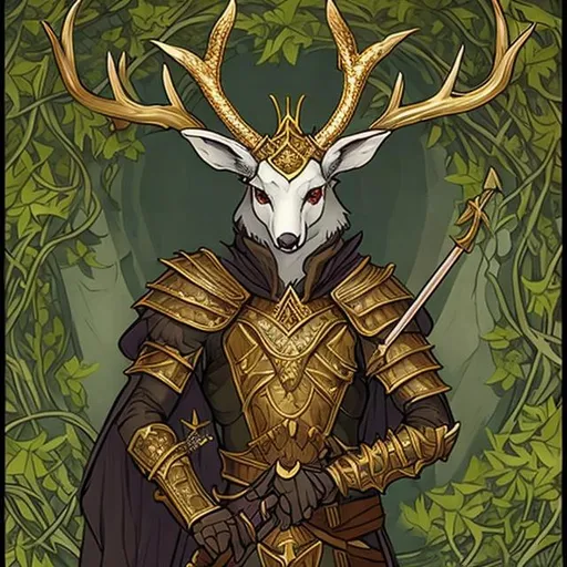 Prompt: Dungeons and dragons deer folk character, antlers, wearing gold plate armor and a shield, holding a quarterstaff covered in vines.