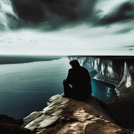 Prompt: lonely sad man at the edge of a cliff