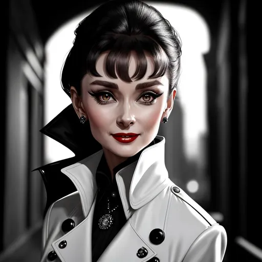 Prompt: Audrey Hepburn as a vampire, vampire the masquerade, detailed symmetrical face, she is wearing a white trench coat and a black button down shirt, attractive face, full body picture, bloodthirsty grin, cyberpunk night time style background, well lit by street lights,  she is looking down at the viewer, real skin textures, detailed,