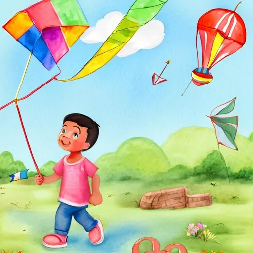 Prompt: Make a cover page of a children’s book for learning all the alphabets. The book is fun and easy to learn. It has a kids illustration made with watercolour and he’s playing with a kite. The illustration looks like it’s created by using procreate 