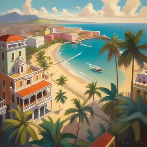 Prompt: Aerial view of San Juan, Puerto Rico, 1950s, cartoony style, extremely detailed painting by Greg Rutkowski and by Henry Justice Ford and by Steve Henderson