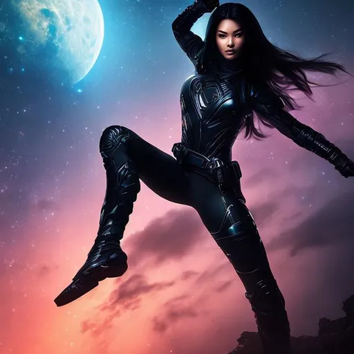 Prompt: create photograph of beautiful female ninja who is wearing elite bright black futuristic ninja suit,  night time and beautiful sky  space and planets an nebulae in sky highly detailed, detailed face, extremely detailed environment, extremely detailed background, extremely detailed skin, extremely detailed clothing, natural colors , professionally color graded, photorealism, 8k, realistic, moody lighting, galactic environment, volumetric lighting