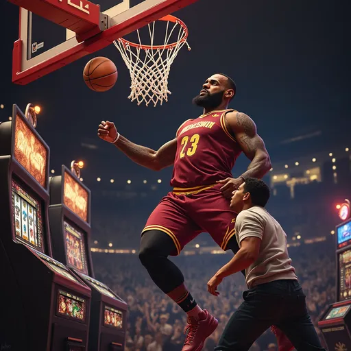Prompt: make a picture of Lebron dunking on a gambler put a gambling addict gambling on a slots maching under him
